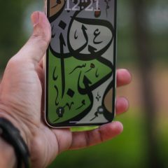 A person holding a cell phone with a painting on it
