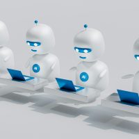 Photo by Mohamed Nohassi a group of white robots sitting on top of laptops