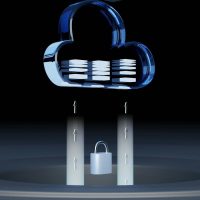 Photo by Growtika A blue glass cloud icon with data layers above a silver padlock